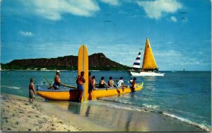 Waikiki Beach Sail Boat Surf Canoe Postcard Cancel PM Lihue HI WON Note VTG 
