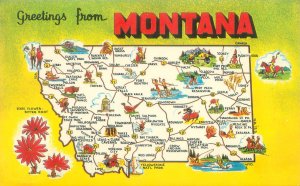 Greetings from Montana Chrome Postcard, Map,  Red Letters