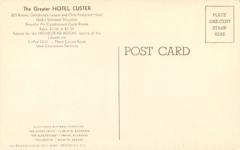 Galesburg IL Greater Hotel Custer Whtie Border Postcard Unused