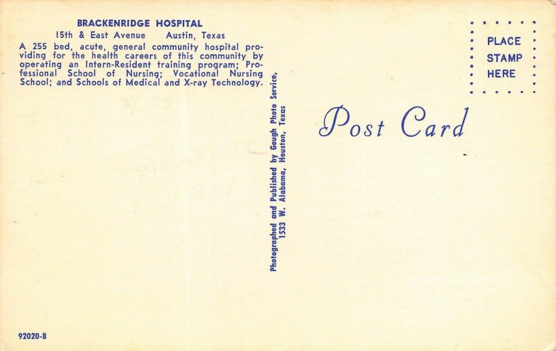AUSTIN TEXAS~BRACKENRIDGE HOSPITAL-19th & EAST AVENUE-1950-60s POSTCARD