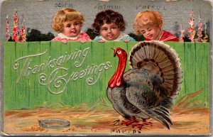 Thanksgiving Postcard Three Young Children Looking Over a Fence at a Turkey