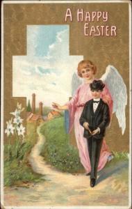 Easter - Angel & Little Boy in Church Suit c1910 Postcard