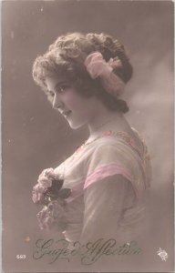 Early 1900s French RPPC Hand-Colored Real Photo Postcard Lovely Lady Pink Dress
