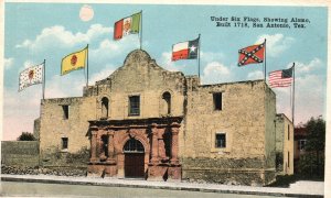 Vintage Postcard Under Six Flags Showing Alamo Build 1718 San Antonio Texas TX