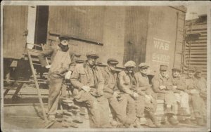 Working Men Hats Overalls WAB RR Railroad Train c1920 Unidentified RPPC