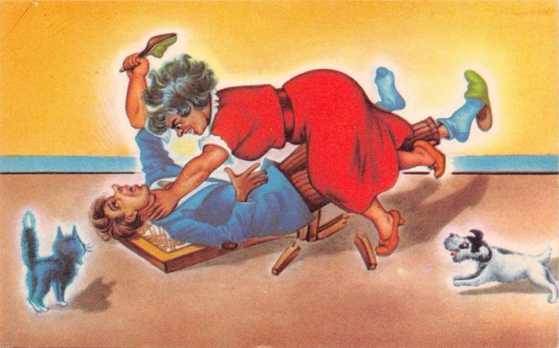 WOMAN BEATING MAN WITH HIS SLIPPER ON BROKEN CHAIR~DOG-CAT MEXICO COMIC POSTCARD