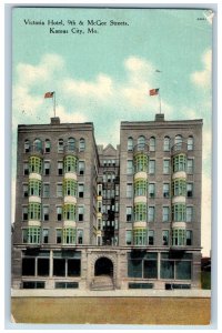 Kansas City Missouri Postcard Victoria Hotel 9th & McGee Street Scene 1910 Flag