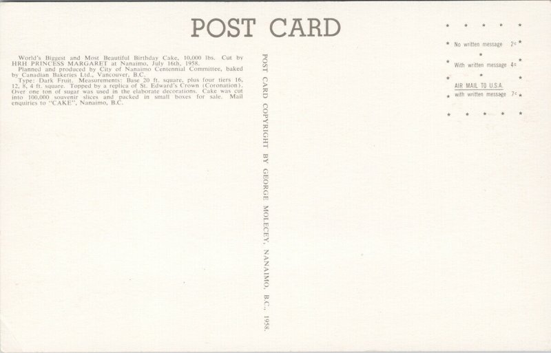World's Biggest Birthday Cake Nanaimo BC 1958 Princess Margaret Postcard F15 
