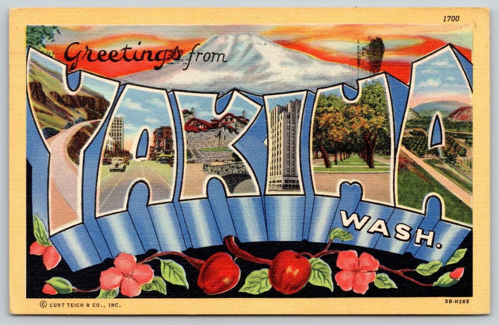 Yakima WashingtonLarge Letter Linen PostcardSunset MountainApples