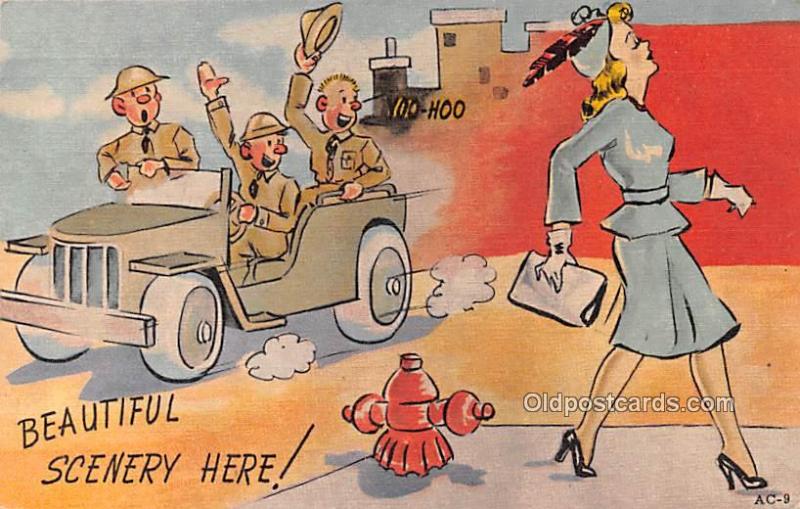 Military Comic Postcard, Old Vintage Antique Post Card Scenery Here 1942 Miss...