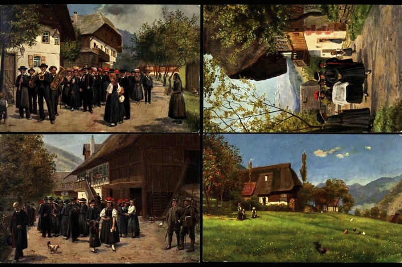 Germany 4 Postcards used in 1910 Scenes of local life, Festivities,Music