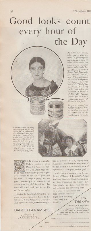 Daggett & Ramsdell Perfect Cold Cream 1927 Ad, Lady in Circle, Lady w/Horse