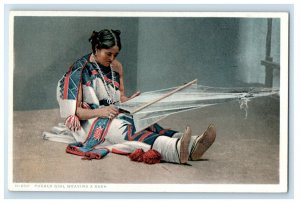 Pueblo Girl Weaving A Sash Fred Harvey Phostint Unposted Vintage Postcard