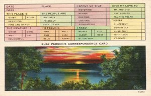 Vintage Postcard Busy Person's Correspondence Card Beautiful Sunset Over Lake