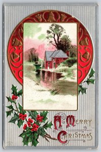 Christmas~Gold Bells In Circle~Mill Scene Inset~Silver Back~Emb~P Sander~1910 PC