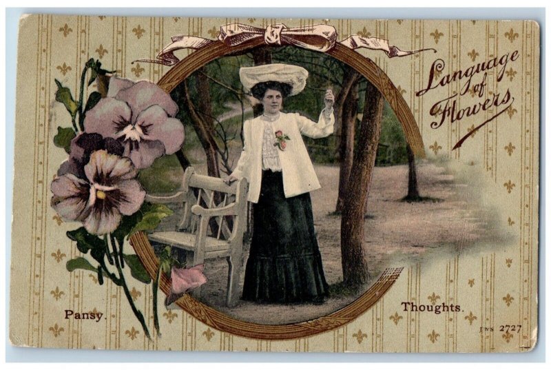 Language Of Flowers Postcard Woman Big Hat Thoughts c1910's Posted Antique