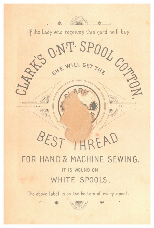 Vintage 1880's Victorian Trade Card Clark's Spool Cotton Thread - Sewing Machine