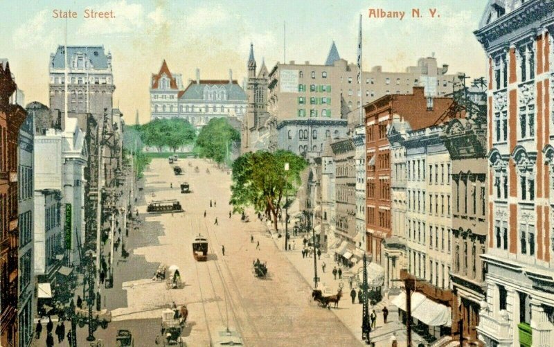 Postcard Antique  View of Trolleys  & Horse Carriages, Alnbany, NY.  S1