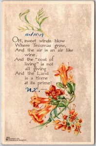 1919 Poem, Sweet Winds Blow Tecomas Grow  & Air Like Wine, Vintage Postcard