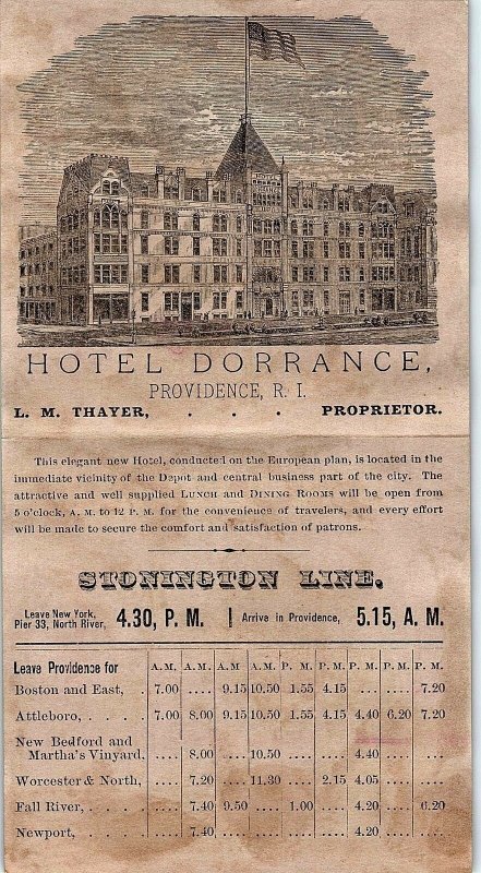 1880 Engraved Hotel Dorrance Folding Menu Stonington Railroad Line Schedule A &J 