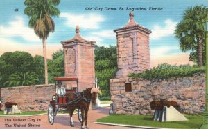 Vintage Postcard 1930's Carriage Horse Cart Old City Gates St. Augustine Florida