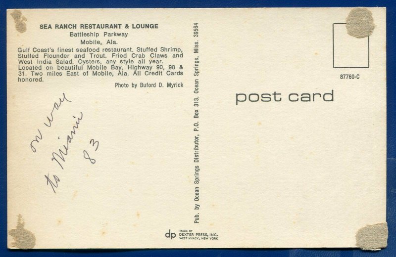 Mobile Alabama al Sea Ranch Restaurant Battleship Parkway Causeway postcard