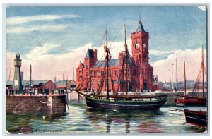 1909 Cardiff Entrance to Bute Docks, Steamer Oilette Art Tuck Postcard 