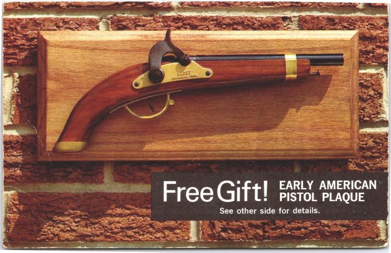 Firestone Advertising Free Gift, Early American Pistol Plaque Vtg Postcard H20