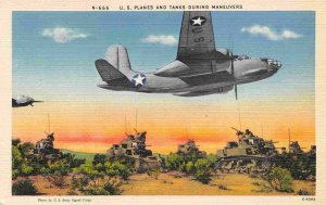 US Navy Planes Tanks Military Maneuvers 1940s linen postcard