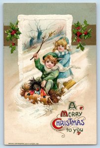 John Winsch Signed Postcard Christmas Children Sledding On Winter Doll Berries