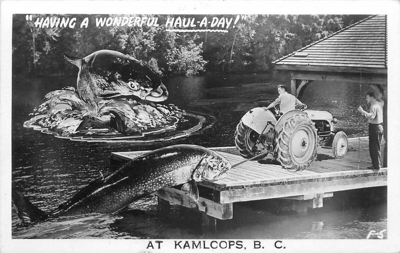 Postcard  Canada Kamloops BC Tractor Fishing Exaggeration Comic Humor 22-13890