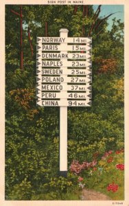 Famous World Traveler Sign Post Tourist Attraction Maine ME Vintage Postcard