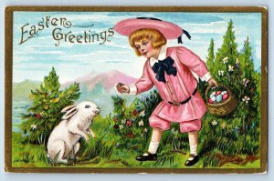 Easter Greetings Postcard Little Boy With Eggs Basket Bunny Rabbit Embossed