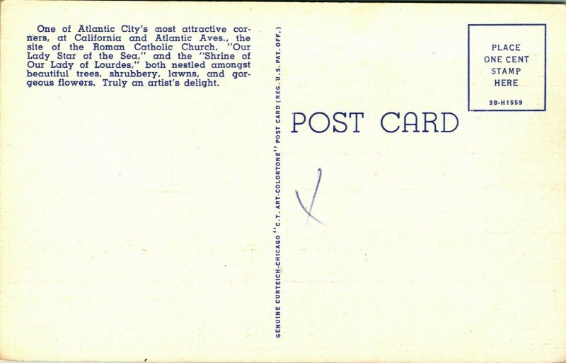 Atlantic City NJ Our Lady of Lourdes Star of the Sea Churh Vtg Linen Postcard