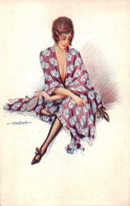 Lady in Purple Robe Holding Mirror Signed Bertiglia Antique Postcard J66727