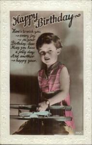 Little Boy w/ Toy Airplane Biplane - Tinted Real Photo Birthday Postcard