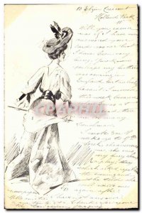 Old Postcard Fancy (drawing hand) Woman Umbrella