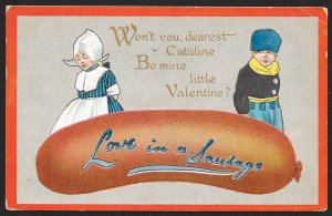 Be Mine Little Valentine Dutch Boy & Girl With Sausage Used c1910