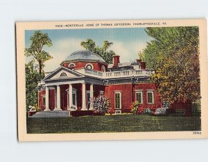 Postcard Monticello, Home Of Thomas Jefferson, Charlottesville, Virginia