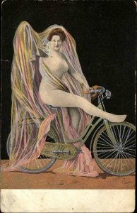 Fantasy Ethereal Nude Woman on Bicycle c1910 Postcard