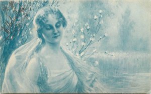 Romantic woman portrait Wilhelm Vogle woman flowers lake