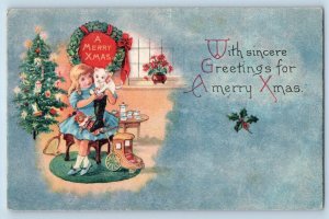 Pittsfield Maine ME Postcard Christmas Greetings Little Girl With Toys Berries
