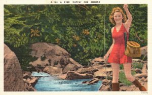 A Fine Catch For Anyone! Girl in Red Catching Fish Art Vintage Postcard c1930