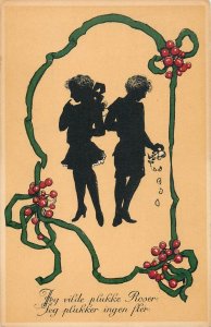 A. C. Eneret children couple silhouette art vintage greetings postcard Denmark