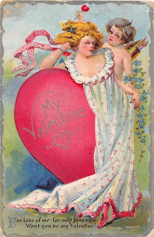 C78/ Valentine's Day Love Holiday Postcard 1911 Girl Cupid Heart Dress 22