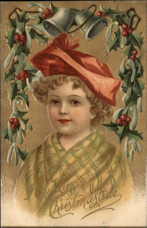 Christmas - Little Boy Wrapped in Scarf Red Hat c1910 Embossed Postcard