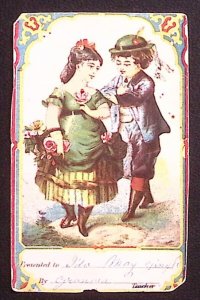 1920s VALENTINES DAY DIE CUT VICTORIAN BOY AND GIRL FLOWERS TEACHER CARD  Z533