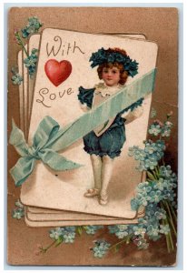 1908 Valentine Girl In Card Ribbon Pansies Clapsaddle Waterbury CT Postcard