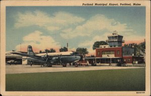 Portland Maine ME Municipal Airport Northeast Airlines Plane Linen Postcard