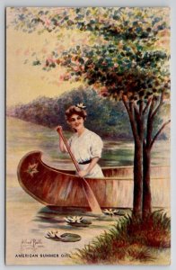 American Summer Girl Edwardian Woman In Canoe Alfred Bell Postcard U29